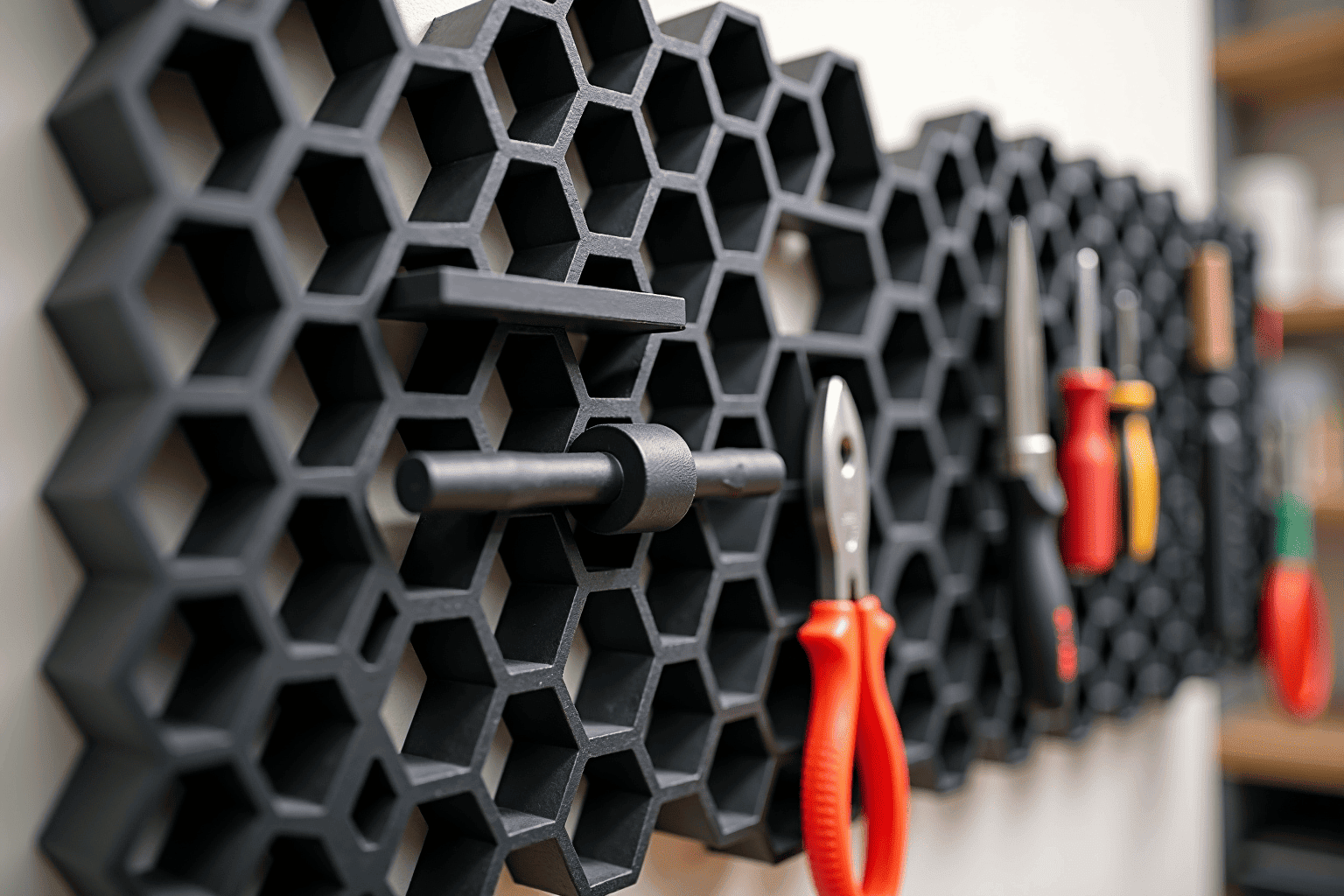Honeycomb Storage Wall с инструментами в домашней лаборатории